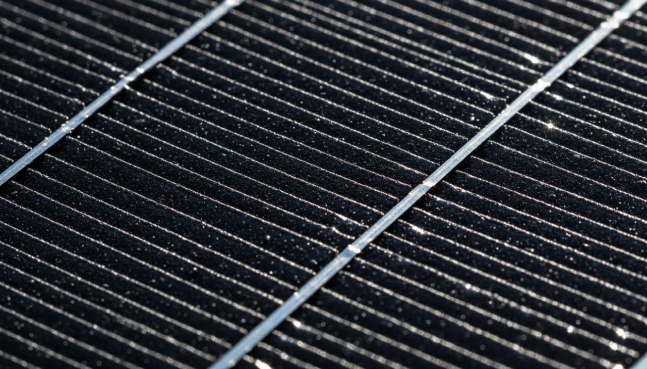 Close-up view of selective coating on a flat plate solar collector absorber surface, showing the heat-absorbing layer used for solar thermal efficiency